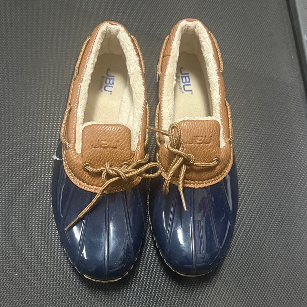 JBU Navy and Brown Fleece-Lined Duck Boots